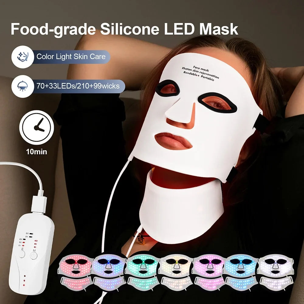 LED Light Therapy Mask – Face & Neck, 7 Colors, Cordless & Rechargeable