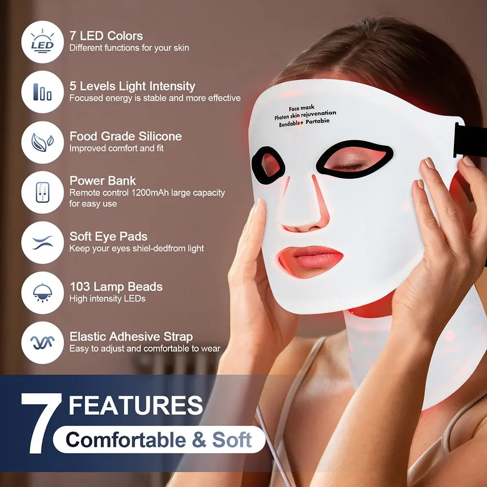 LED Light Therapy Mask – Face & Neck, 7 Colors, Cordless & Rechargeable