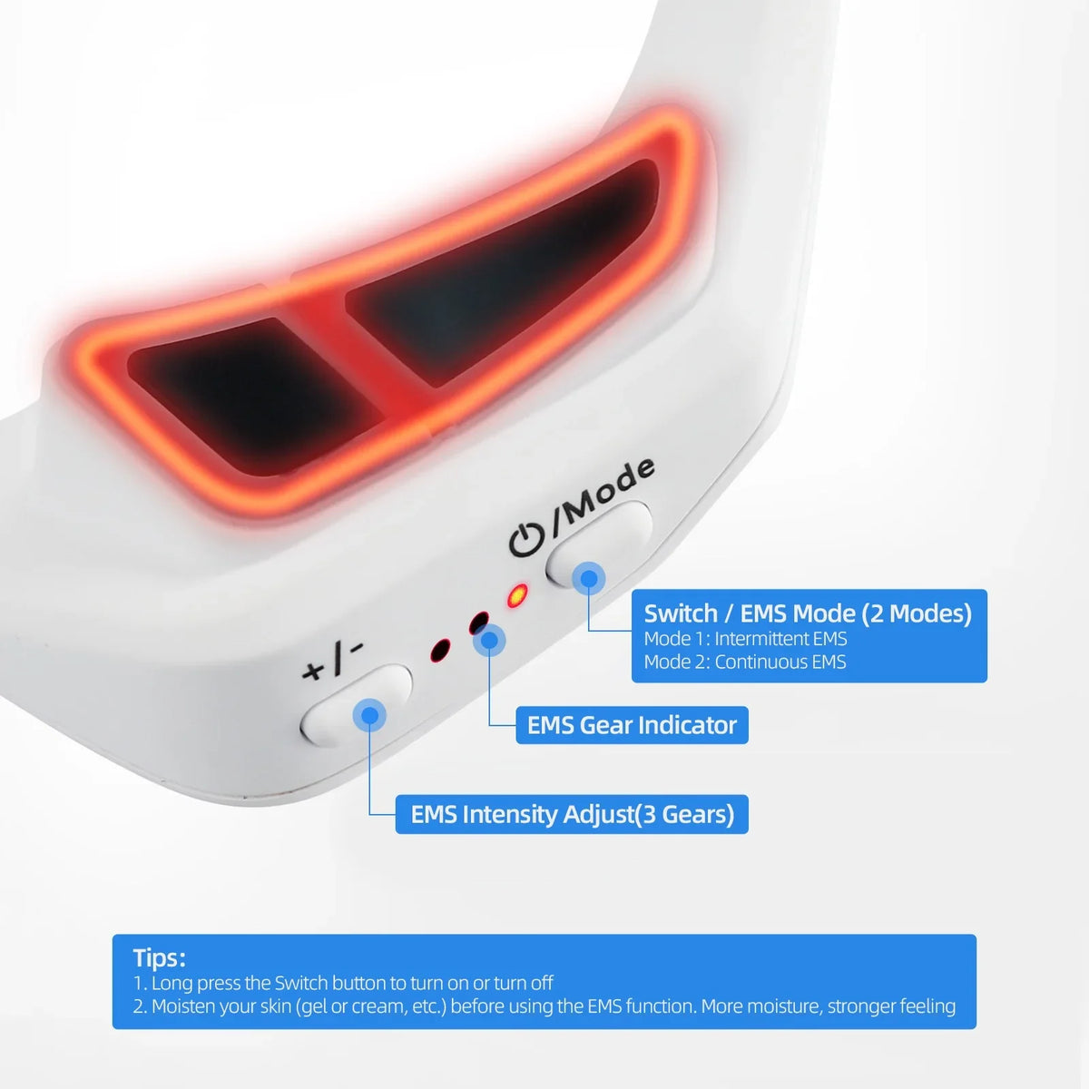 Diagram of the eye massager controls: power button, EMS intensity adjustment, and mode indicator