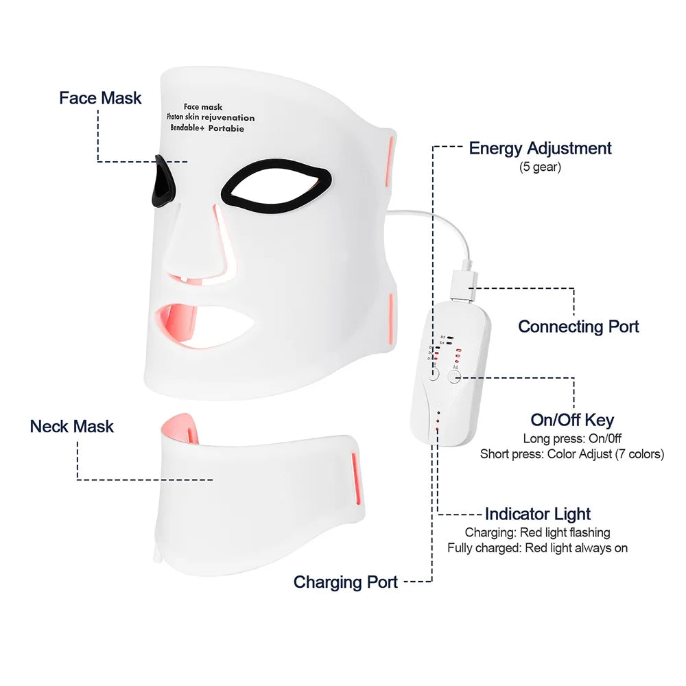 LED Light Therapy Mask – Face & Neck, 7 Colors, Cordless & Rechargeable