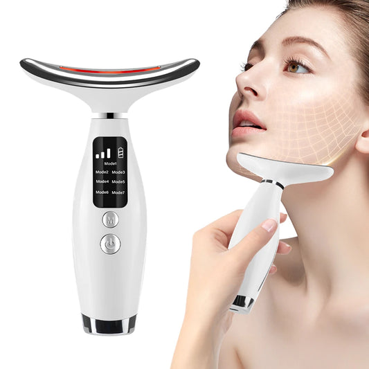 LED face and neck massager next to a woman using it along her jawline
