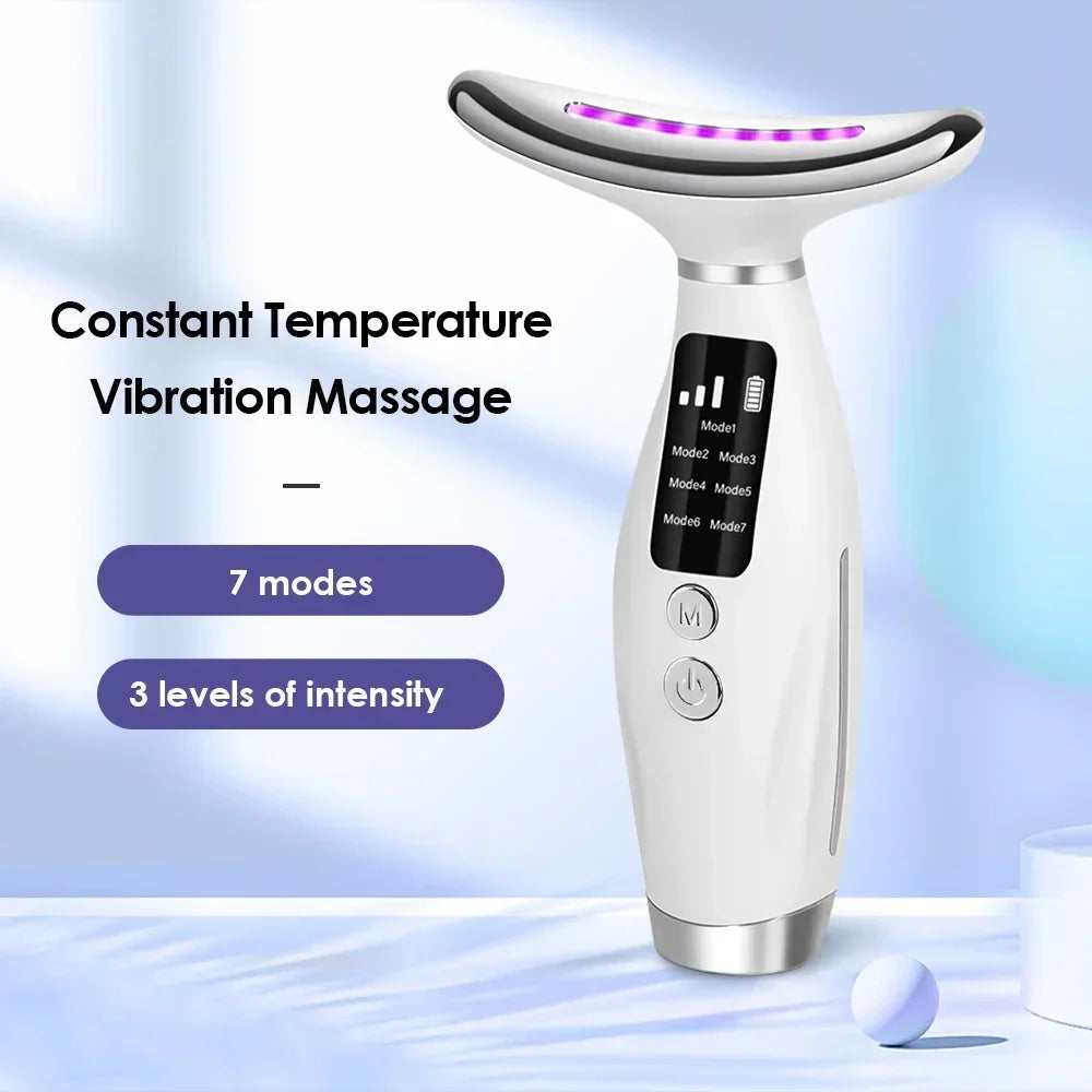 LED face and neck massager with warm vibration, 7 modes and 3 intensity levels
