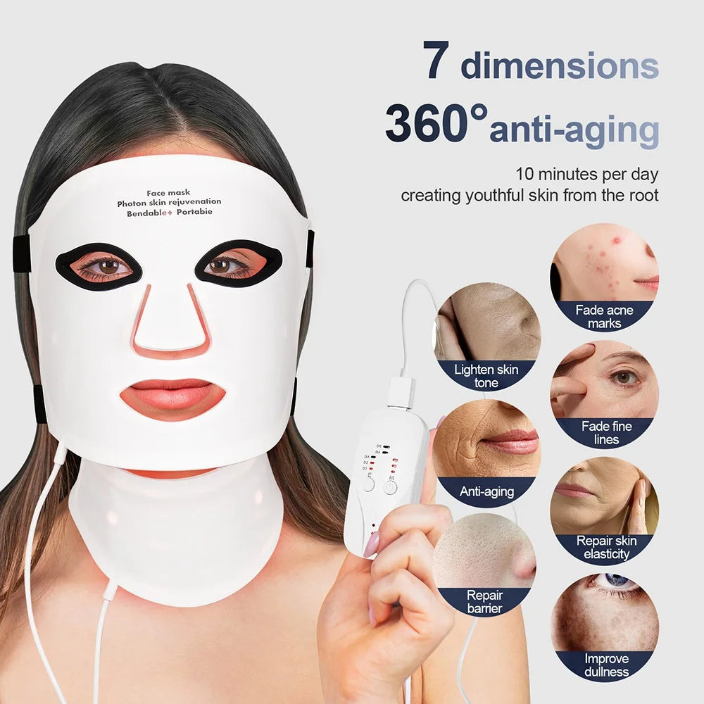 LED Light Therapy Mask – Face & Neck, 7 Colors, Cordless & Rechargeable