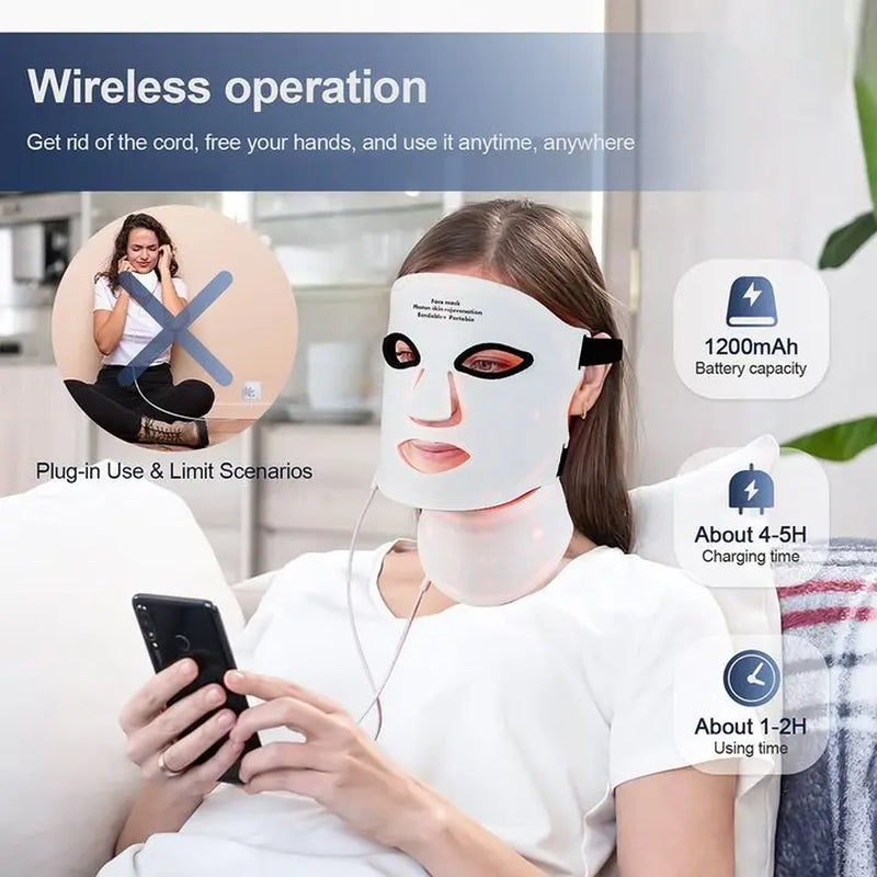 LED Light Therapy Mask – Face & Neck, 7 Colors, Cordless & Rechargeable