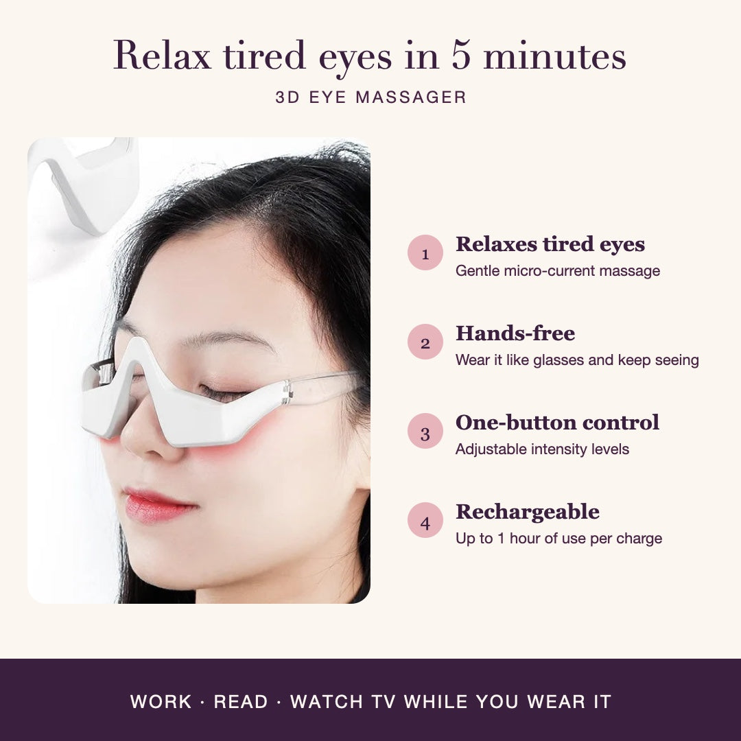 What the 3D Eye Massager does: relaxes tired eyes, hands-free glasses design, one-button control, rechargeable