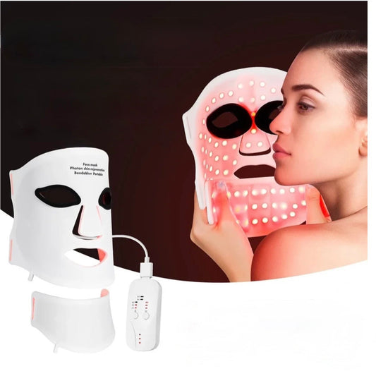 Woman holding the LED light therapy mask with red lights on