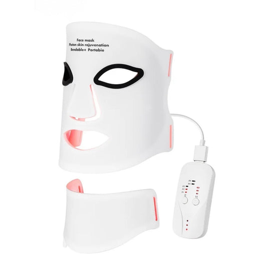 LED light therapy mask with neck piece and controller on a white background