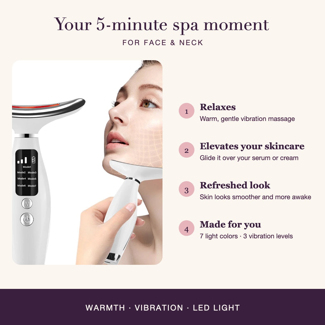 What the LED face and neck massager does: relaxes, elevates your skincare, refreshed look, 7 light colors and 3 vibration levels
