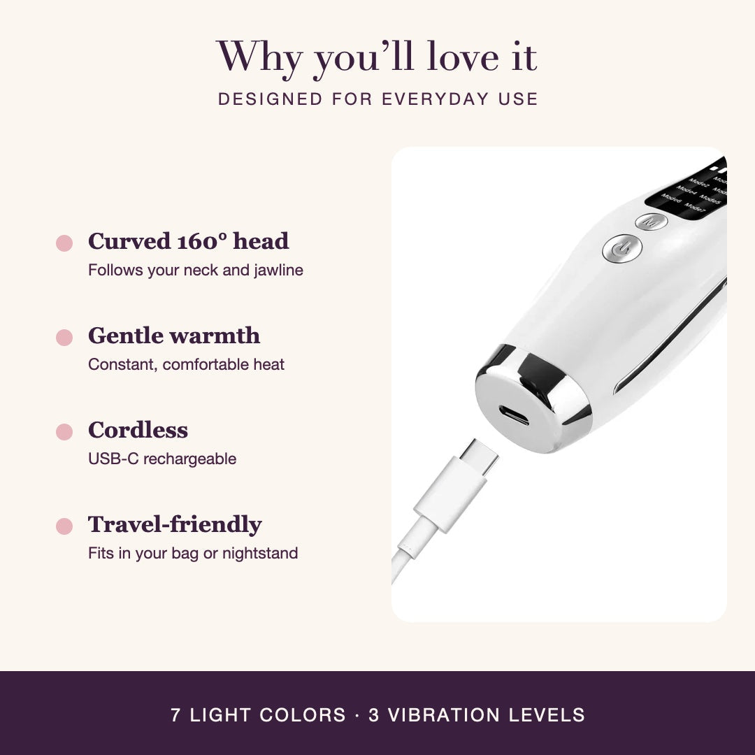 Why you will love it: curved 160 degree head, gentle warmth, cordless USB-C rechargeable, travel-friendly